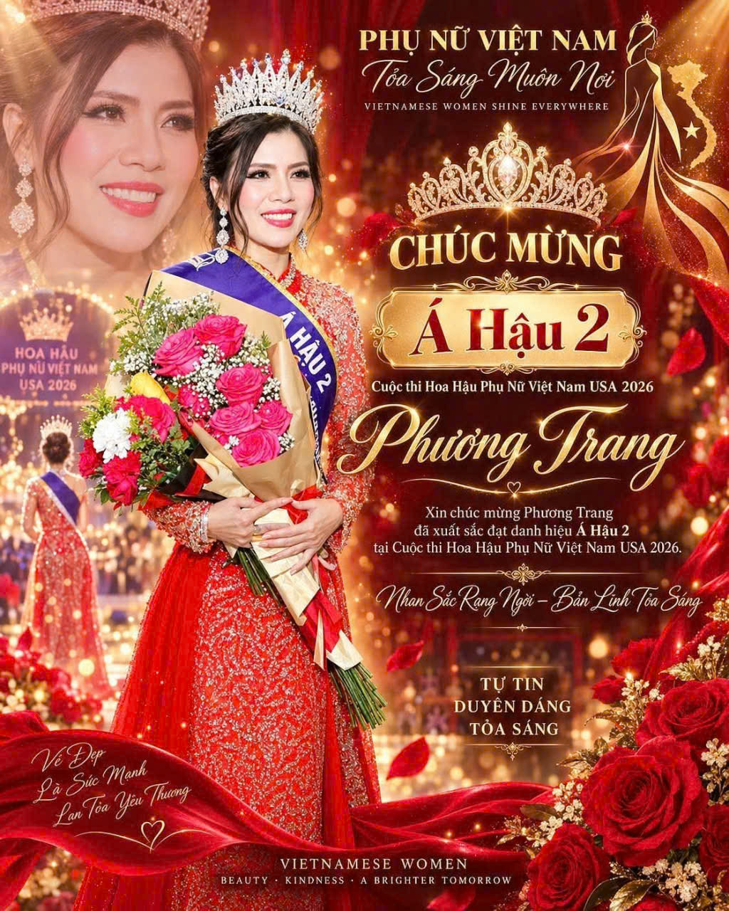 Hoàng Phương Trang đăng quang Á hậu 2 cuộc thi Hoa hậu Phụ nữ Việt Nam USA 2026